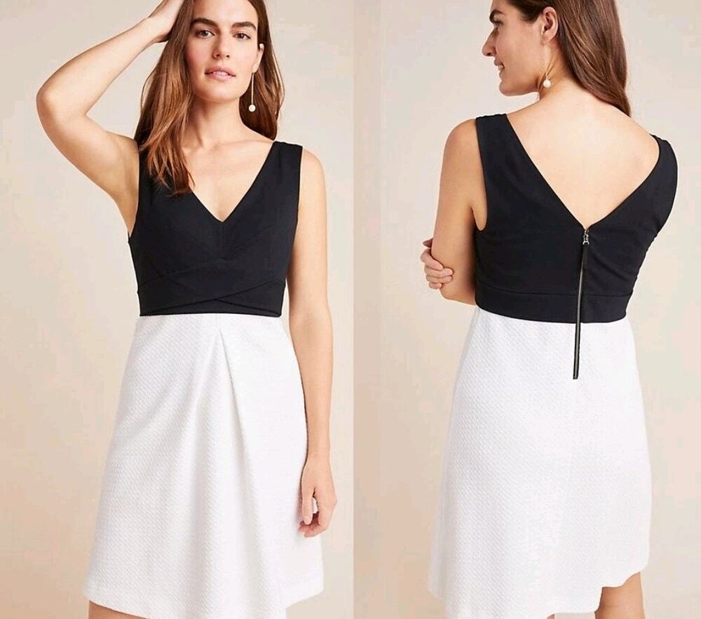 Maeve Anthropologie Color Block Fit & Flare Dress Black White Womens 8